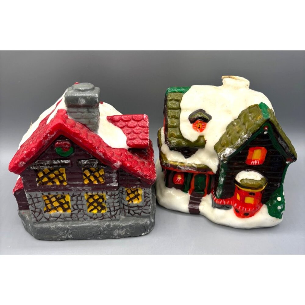Vtg Candles‎ Wax Snowy Cottage Village Set Of 2 Christmas Décor